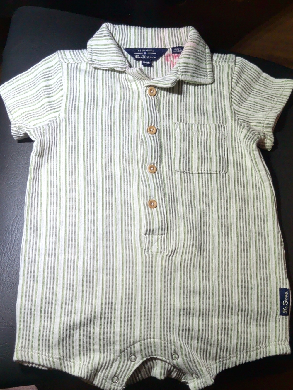 Ben Sherman Green, Gray, and White Striped Button-Front Baby Romper